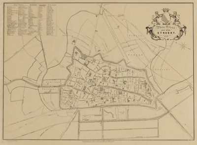 216038 Plattegrond van de stad Utrecht met directe omgeving; met weergave van het stratenplan met namen (ged.) en ...